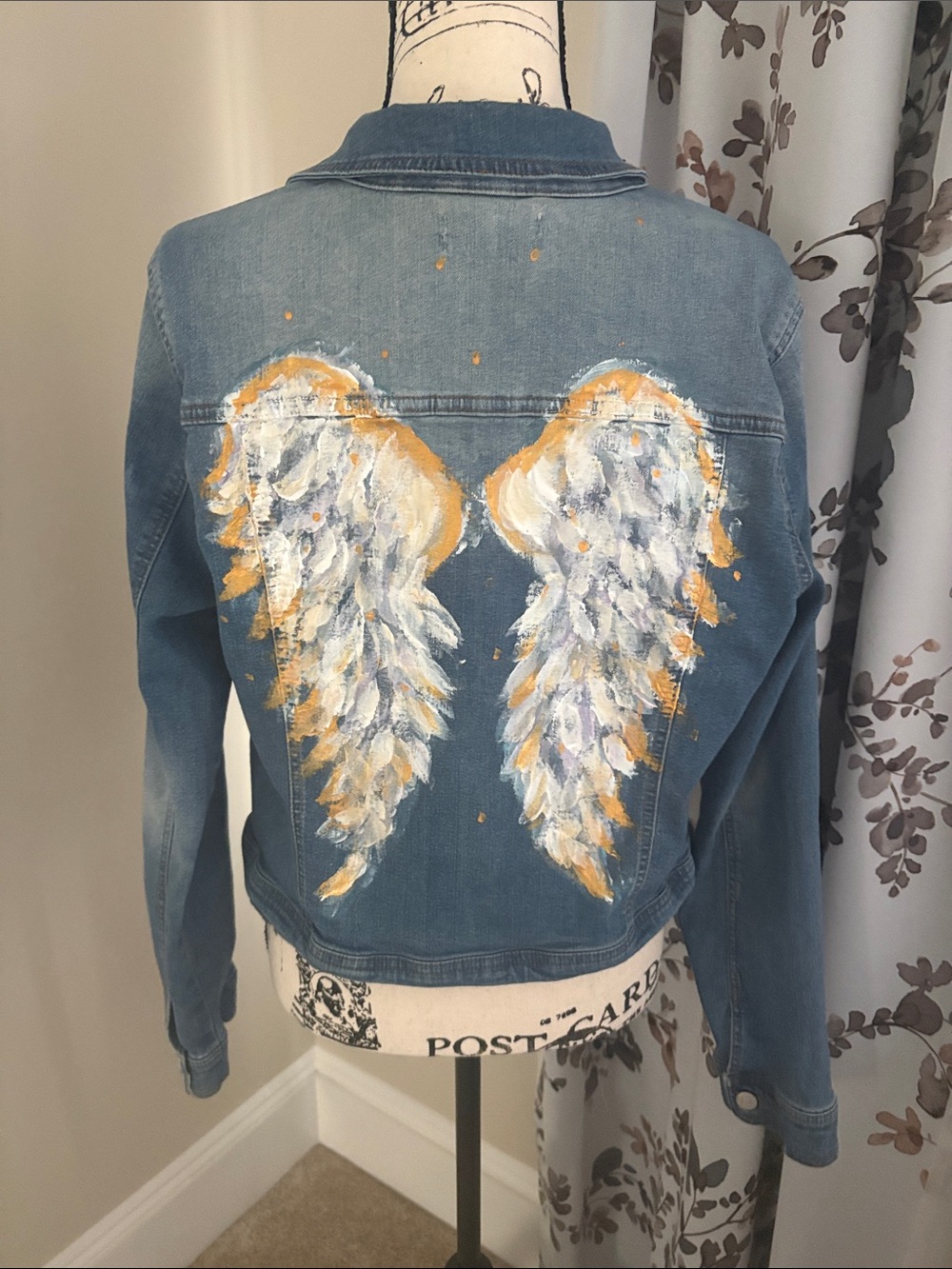 Hand-Painted Blue Denim Jacket with Angel Wings